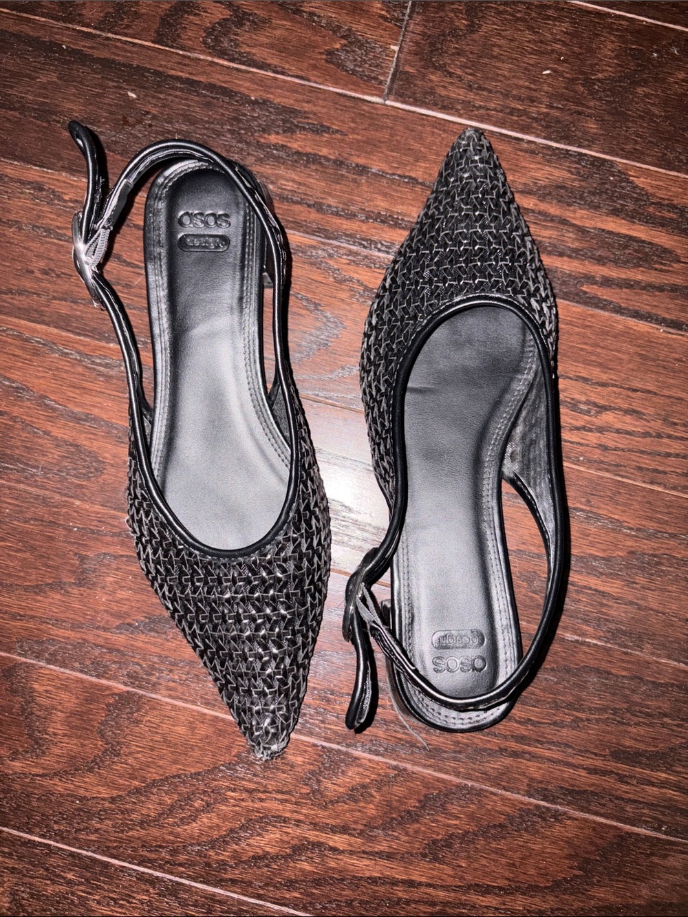 ASOS Black Woven Pointed Slingback Flats with Ankle Strap